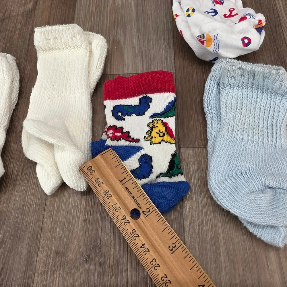 Vtg Baby Boy Sock &‎ Mitten Lot 5 Pairs Dinosaur Nautical Airplane Knit Booties